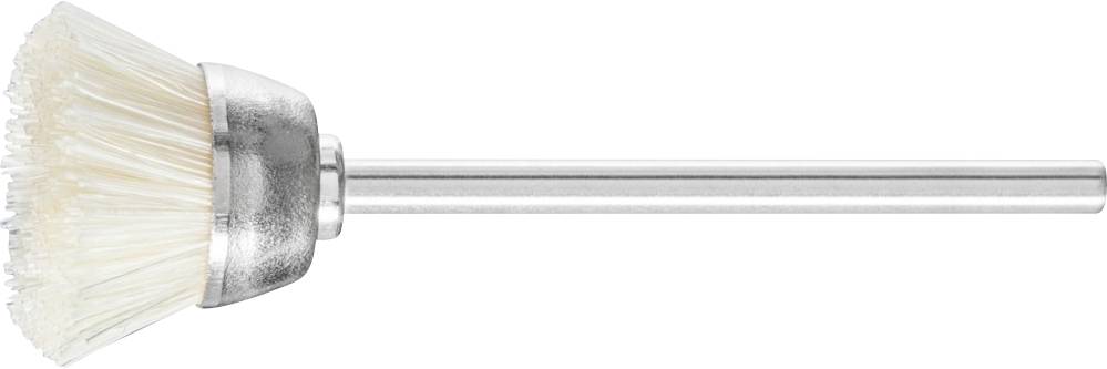 Eine weiße, runde Drahtbürste mit langem Metallgriff, geeignet zum Reinigen oder Polieren von Oberflächen.