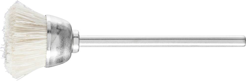 Silberne Rundbürste mit weißen Borsten und langem Griff, geeignet für Reinigungsarbeiten.