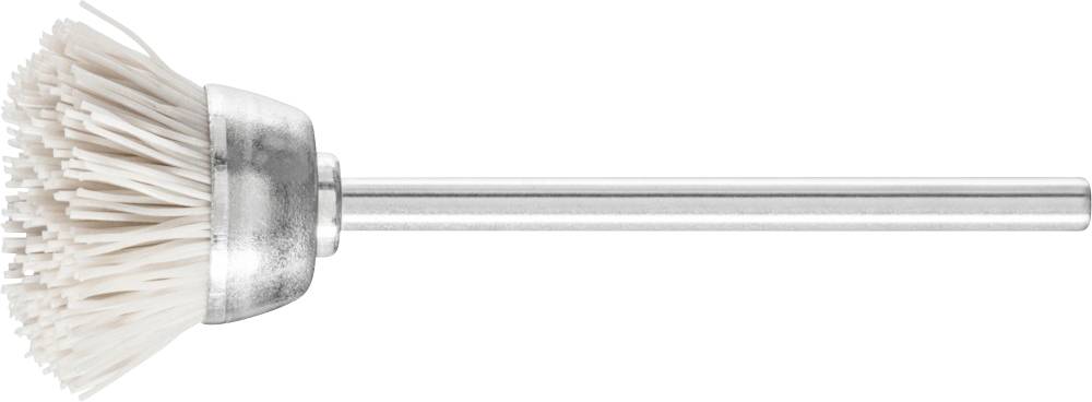 Metallbürste mit weißen Borsten und langem Griff für die Reinigung oder Bearbeitung von Oberflächen.