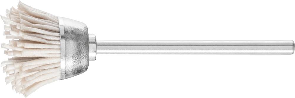 Bürstenaufsatz aus Metall mit weißen Borsten, geeignet für Reinigungsaufgaben in schwer zugänglichen Bereichen.
