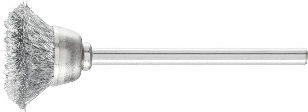 Drahtbürstenaufsatz mit Metallborsten und langem Metallschaft, verwendet zum Reinigen und Polieren von Oberflächen.