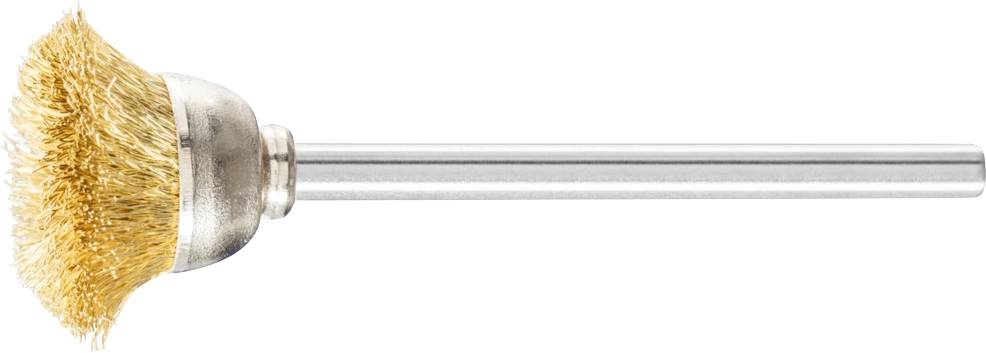Drahtbürstenaufsatz mit Messingborsten und Metallstiel, seitlich platziert. Ideal zum Reinigen von Metalloberflächen.