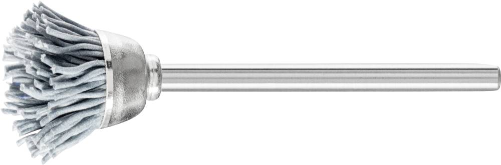 Ein Schleifbürstenaufsatz mit langen, grauen Borsten auf einem Metallstab, verwendet für die Reinigung oder das Polieren von Oberflächen.