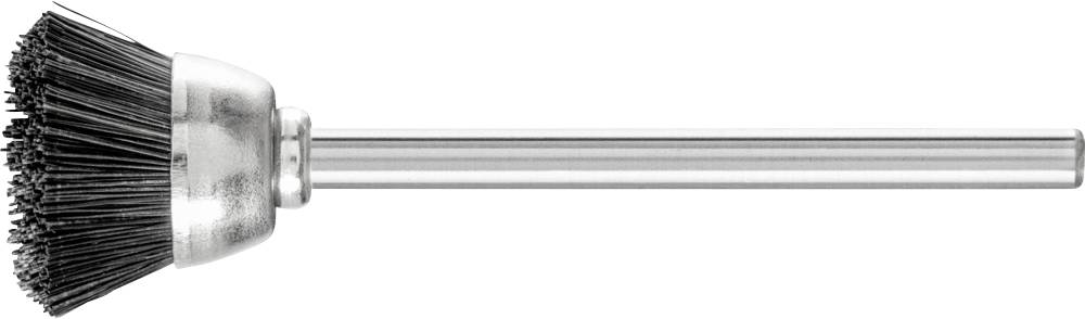 Drahtbürstenaufsatz mit metallischem Schaft und dicht gepackten, schwarzen Borsten zur Verwendung mit Elektrowerkzeugen.