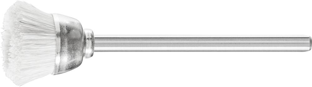 Eine Metallbürste mit weißen Borsten und langem Griff, typischerweise für die Reinigung von Oberflächen verwendet.