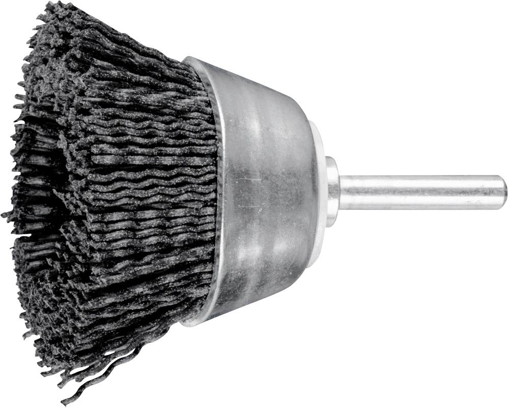 Ein rundes Stahldrahtbürstwerkzeug mit Metallgehäuse und Borsten, das an einer Bohrmaschine zur Reinigung oder Entfernung von Rost befestigt wird.