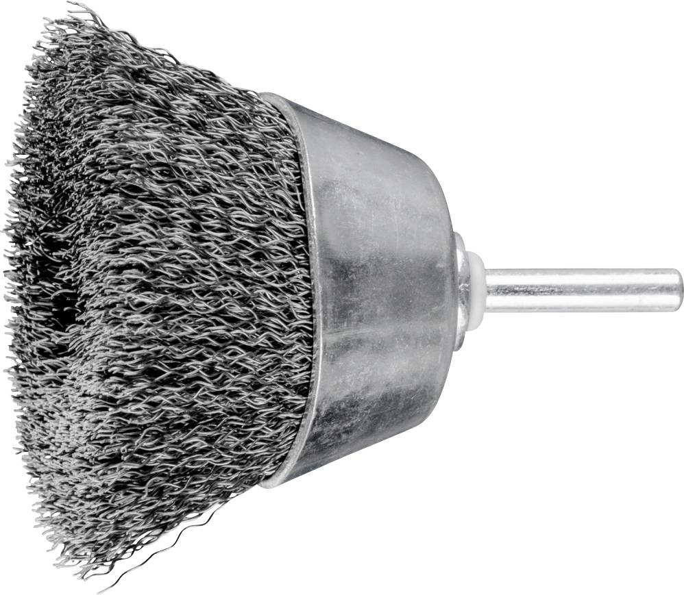 Eine metallische Drahtbürste mit zylindrischem Kopf und gewellten Borsten, die zur Reinigung oder Entfernung von Rost verwendet wird.