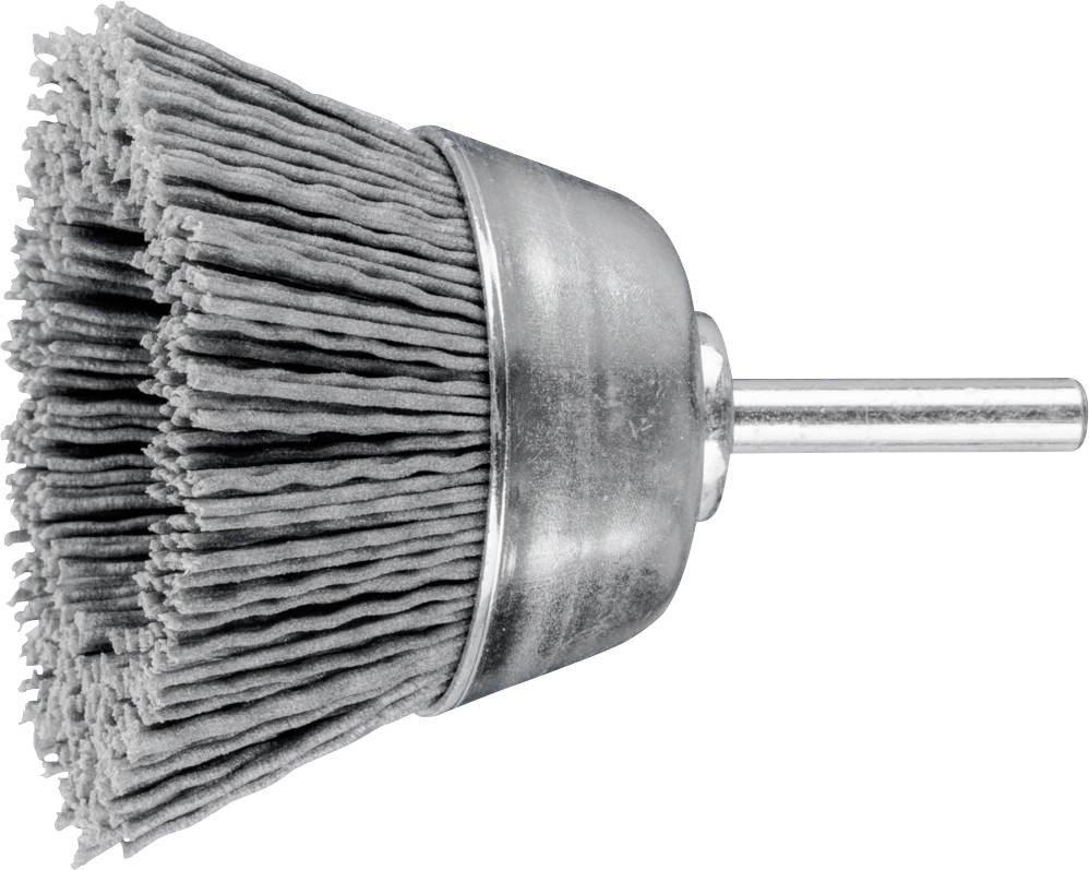 Drahtbürstenaufsatz mit langen, flexiblen Borsten, geeignet für Bohrmaschinen, zur Entfernung von Rost oder Lack auf Metalloberflächen.