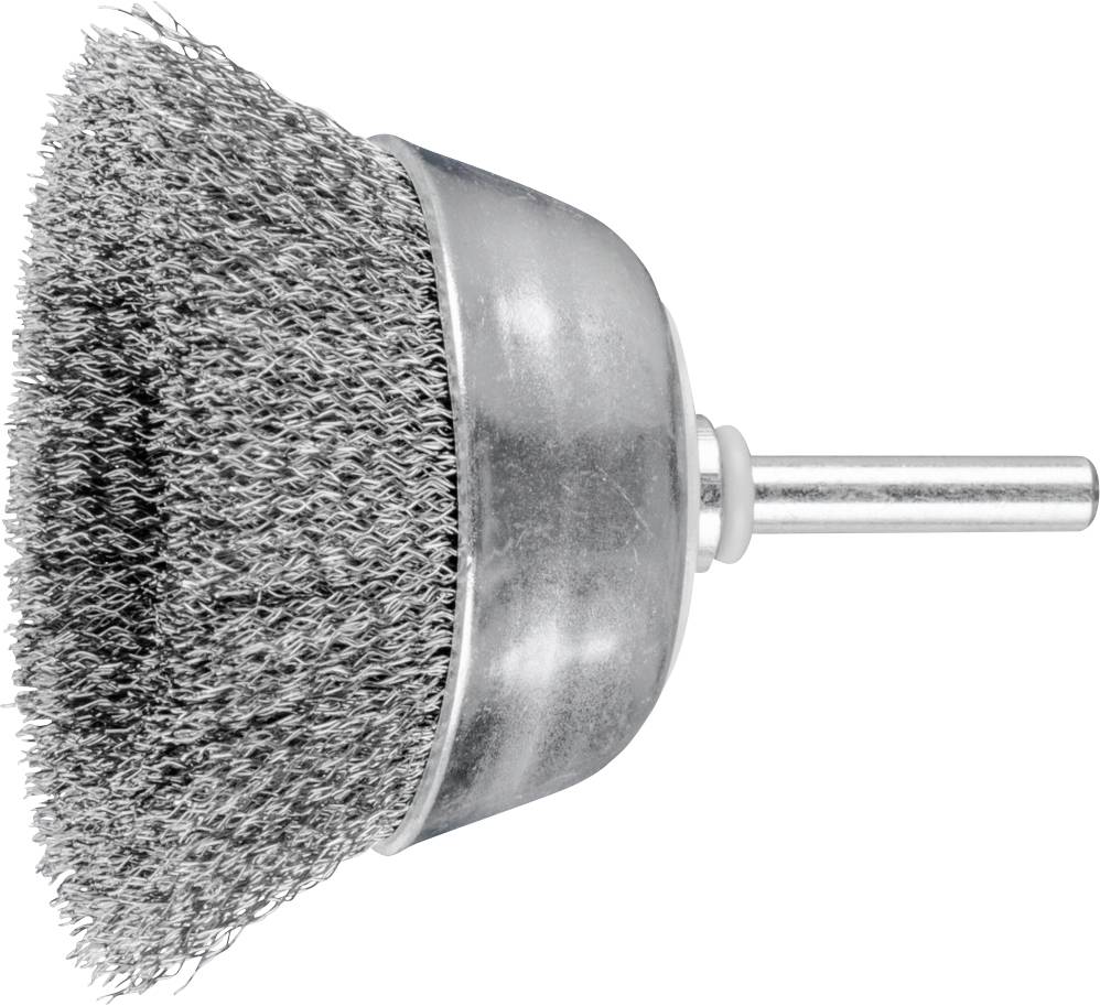 Drahtbürstenaufsatz mit Metallborsten und kurzem Schaft, verwendet für das Reinigen von Oberflächen oder Entfernen von Rost.