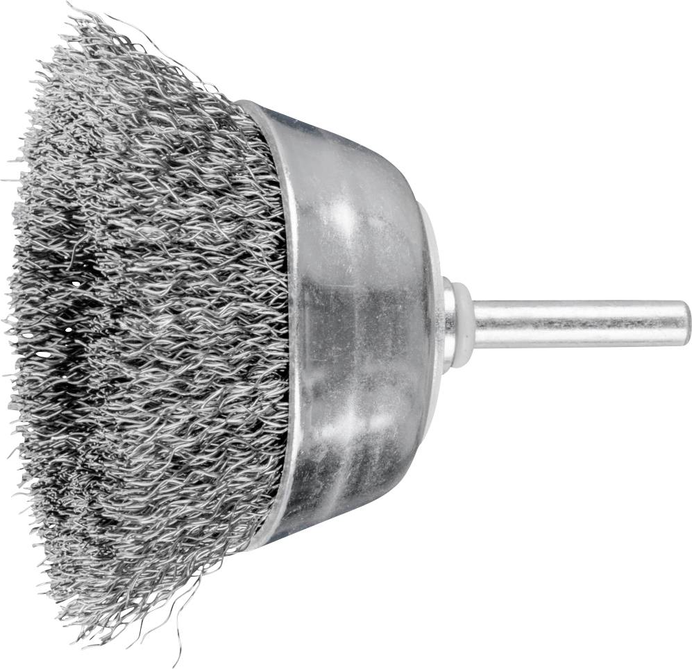 Drahtbürstenaufsatz in Kelchform für Bohrmaschine, mit Metallborsten. Geeignet zum Entfernen von Rost und Farbe von Oberflächen.