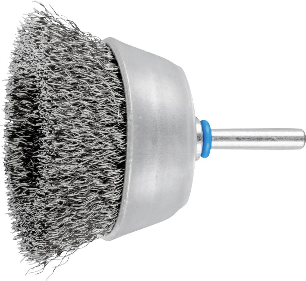 Eine Metallbürste mit Drahtborsten, montiert auf einem runden Kopf mit einem blauen Ring um den Schaft. Geeignet zur Reinigung.