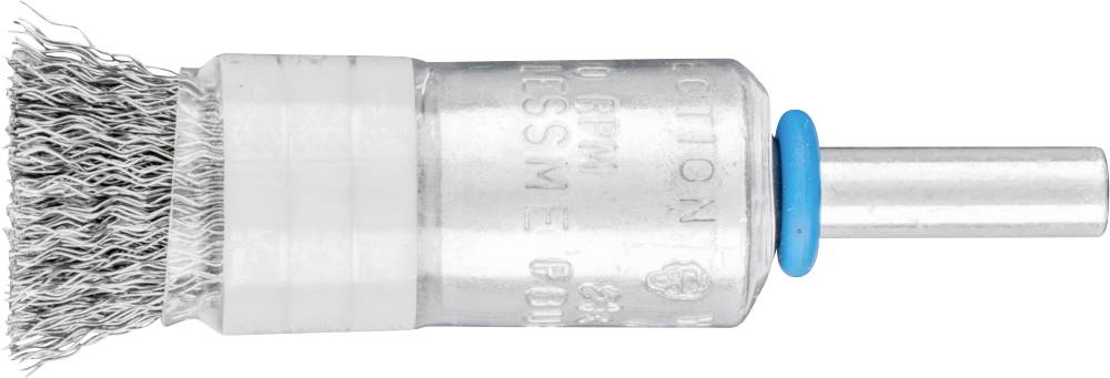Stahlbürstenaufsatz für Bohrmaschine; zylindrische Form mit Drahtborsten zur Metallreinigung oder Entrostung.