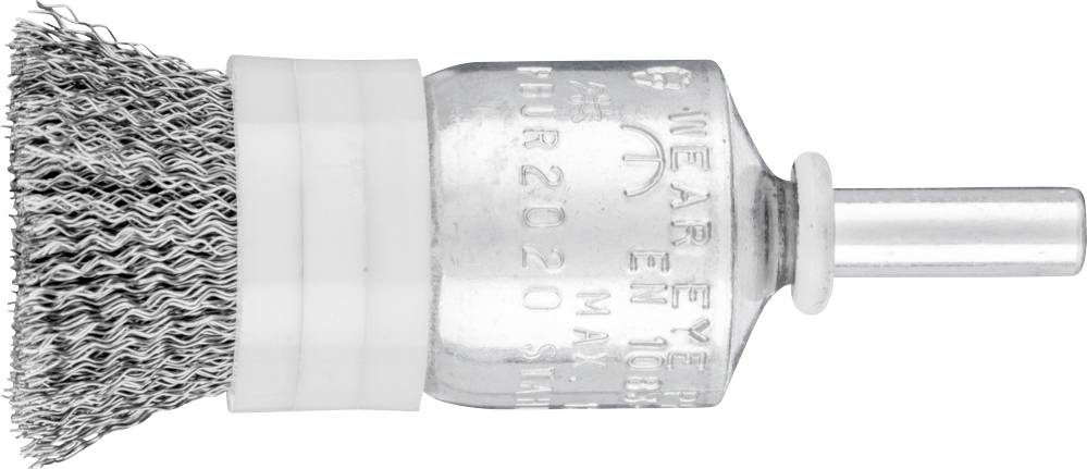 Drahtbürstenaufsatz mit gewellten Stahlborsten und Metallhalterung, geeignet für Bohrmaschinen zur Oberflächenreinigung.