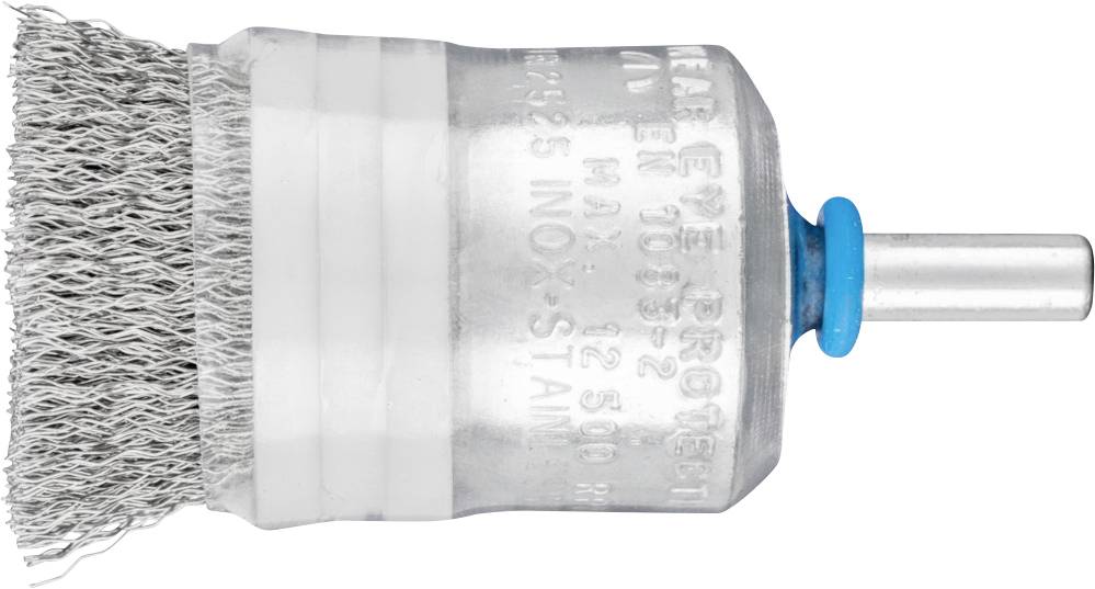 Drahtbürstenaufsatz mit Metallborsten und Befestigungsstift, geeignet für die Reinigung von Oberflächen oder Entfernen von Rost.