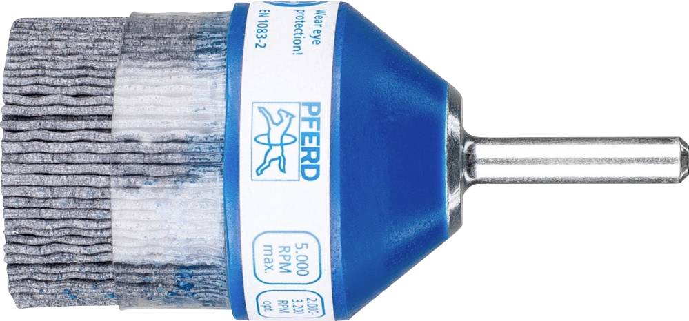 Zylindrische Schleifbürste mit blauem Kunststoffgehäuse und Etikett mit Aufschrift 'PFERD', geeignet für max. 5000 U/min.