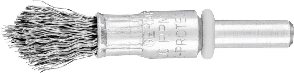 Eine runde Metallbürste mit Borsten aus Draht, geeignet zum Reinigen oder Polieren von Oberflächen, montiert auf einem kurzen Schaft.