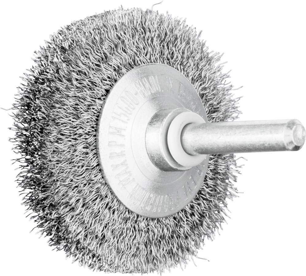 Metallbürste mit radialen Borsten auf Metallhalterung, verwendet zum Reinigen oder Polieren von Oberflächen.