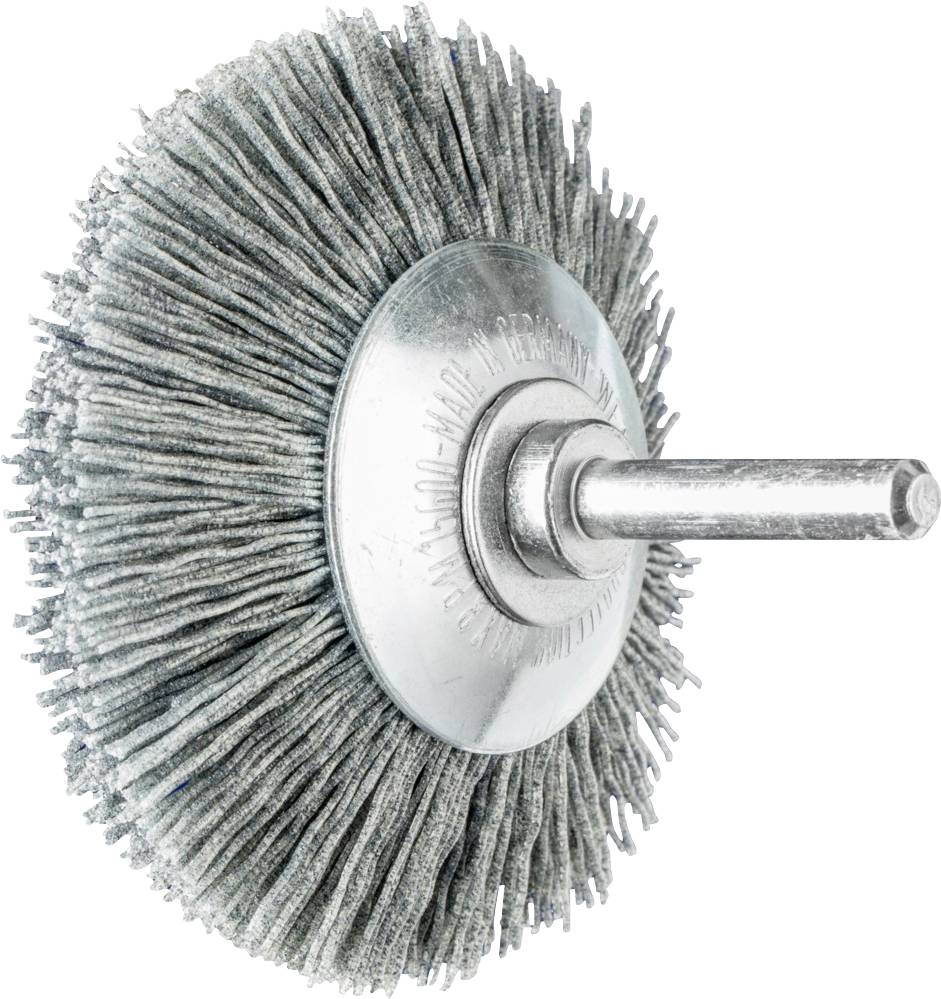 Stahlbürste mit vielen dichten Borsten und einem Metallschaft zur Befestigung, ideal zum Polieren und Entrosten von Metalloberflächen.