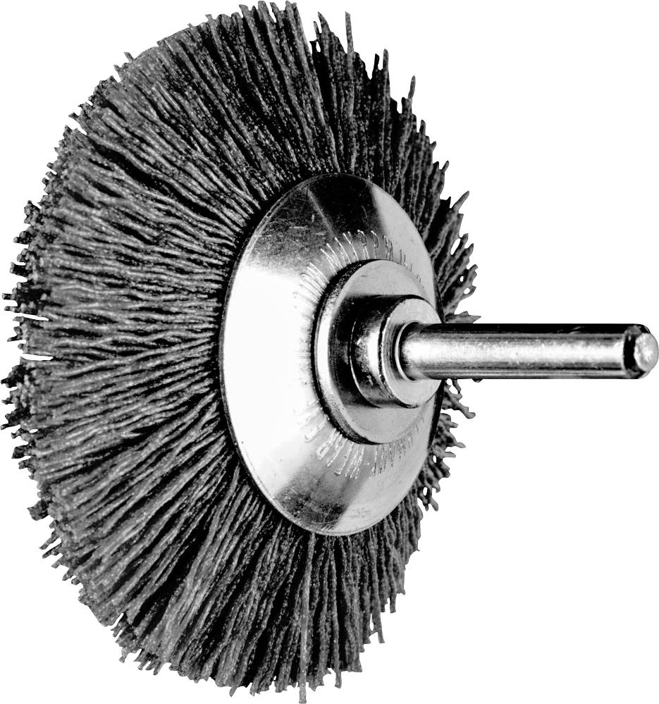 Drahtbürstenaufsatz mit Metallstiel, verwendet zur Reinigung oder zum Polieren von Oberflächen in handwerklichen oder industriellen Anwendungen.