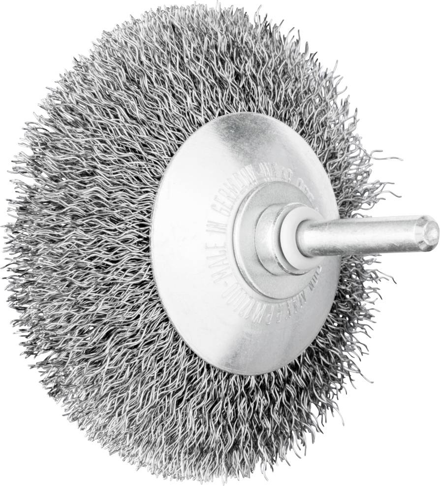 Eine runde Drahtbürste mit Metalfäden und einem Befestigungsstift in der Mitte, verwendet für Reinigungs- oder Schleifarbeiten.