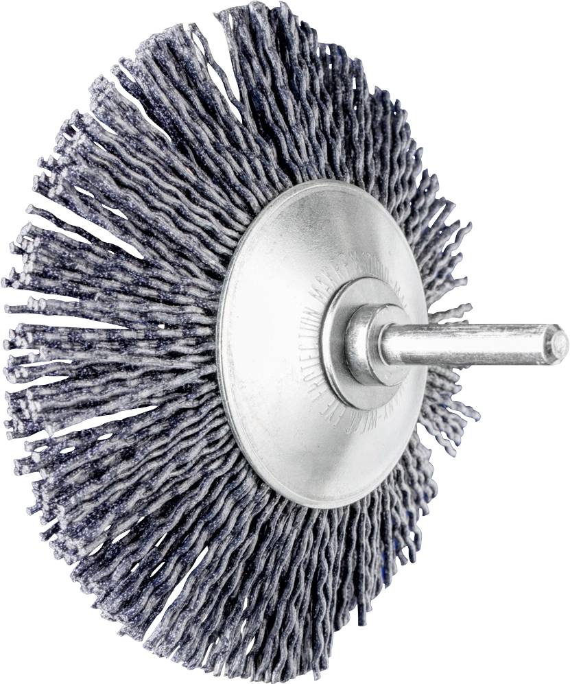 Drahtbürstenaufsatz mit dichten Metalldrähten an einer rotierenden Scheibe, geeignet für Reinigungs- oder Schleifarbeiten.