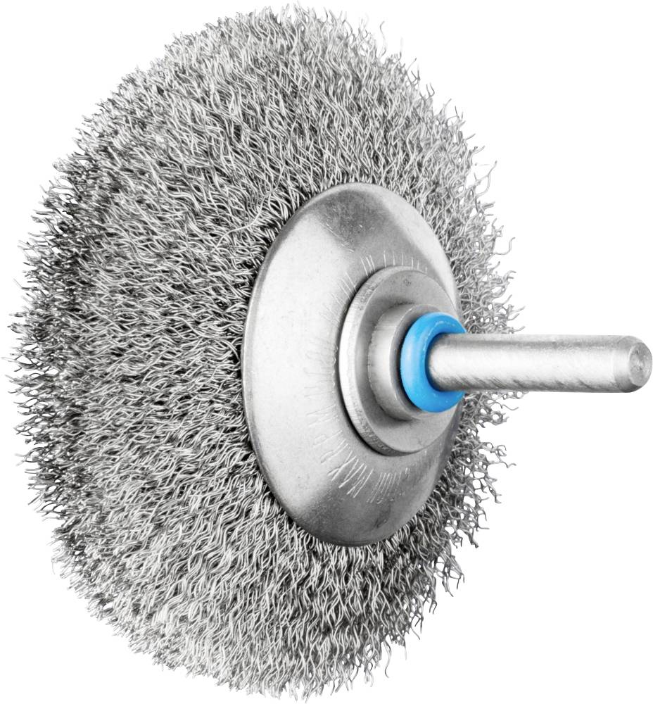 Drahtbürste mit Metallschaft und blauen Ring, für Reinigung und Oberflächenbearbeitung.