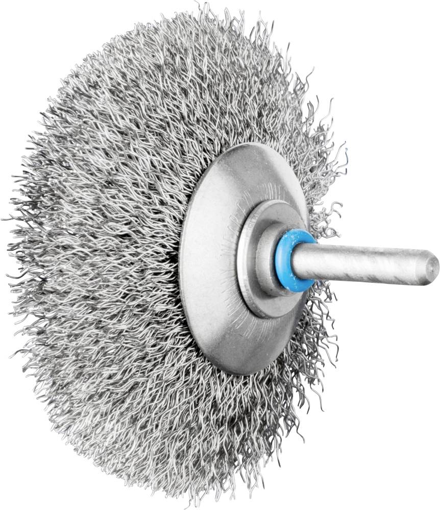 Drahtbürste mit rundem Metallkörper und dichten, flexiblen Borsten, die für Polier- oder Reinigungsarbeiten verwendet werden.
