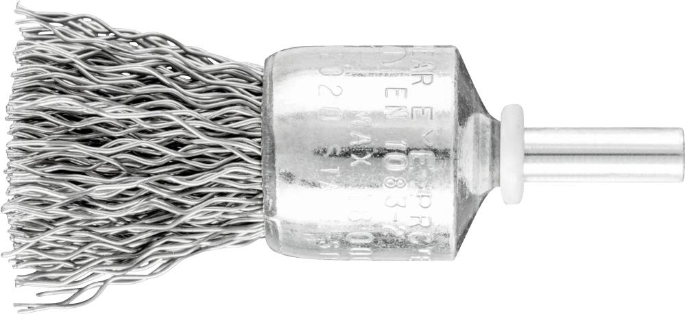 Metallbürste mit gewellten Drahtborsten und zylindrischem Griff, geeignet zur Reinigung und Entrostung von Oberflächen.