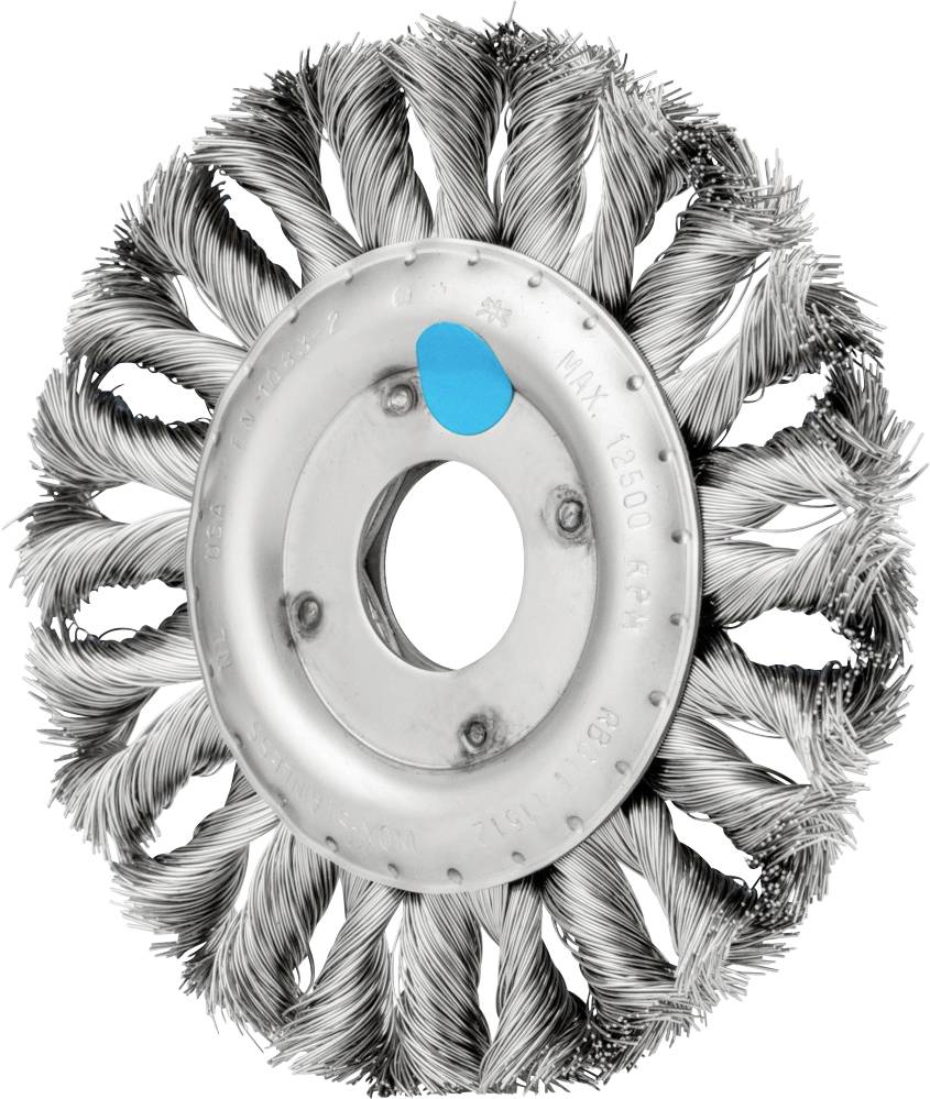 Eine runde Drahtbürste mit verdrehten Drahtborsten, geeignet für intensives Schleifen und Reinigen von Oberflächen.