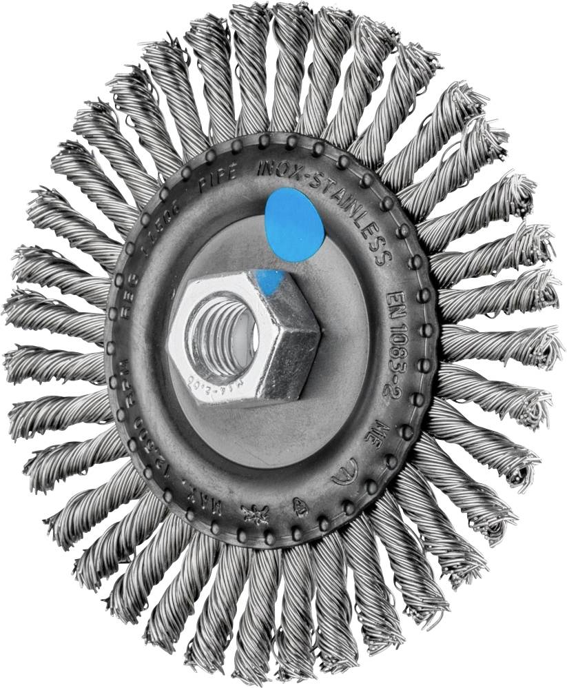 Eine runde Drahtbürste aus Edelstahl mit zentraler Sechskantmutter. Das Produkt ist robust und für industrielles Schleifen geeignet.