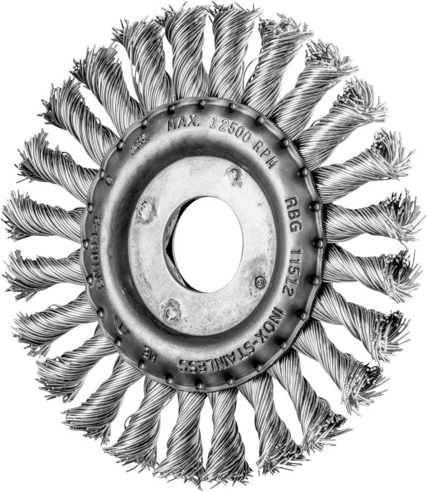 Drahtbürstenscheibe aus Edelstahl für Winkelschleifer; beschriftet mit maximaler Drehzahl von 12500 U/min.