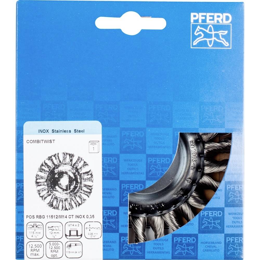 'PFERD' Produktverpackung für INOX Combitwist Drahtbürste, Bild der Bürste, technische Spezifikationen und Drehzahlhinweise auf blauem Hintergrund.