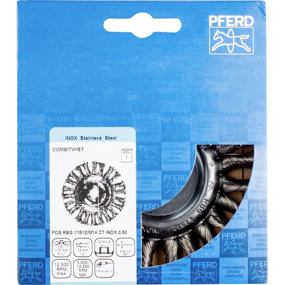 Verpackung einer Edelstahl-Bürste. Markenname oben. Abgebildet ist die Bürste mit technischen Daten: '12.500 RPM max', '0,50 mm Draht'.