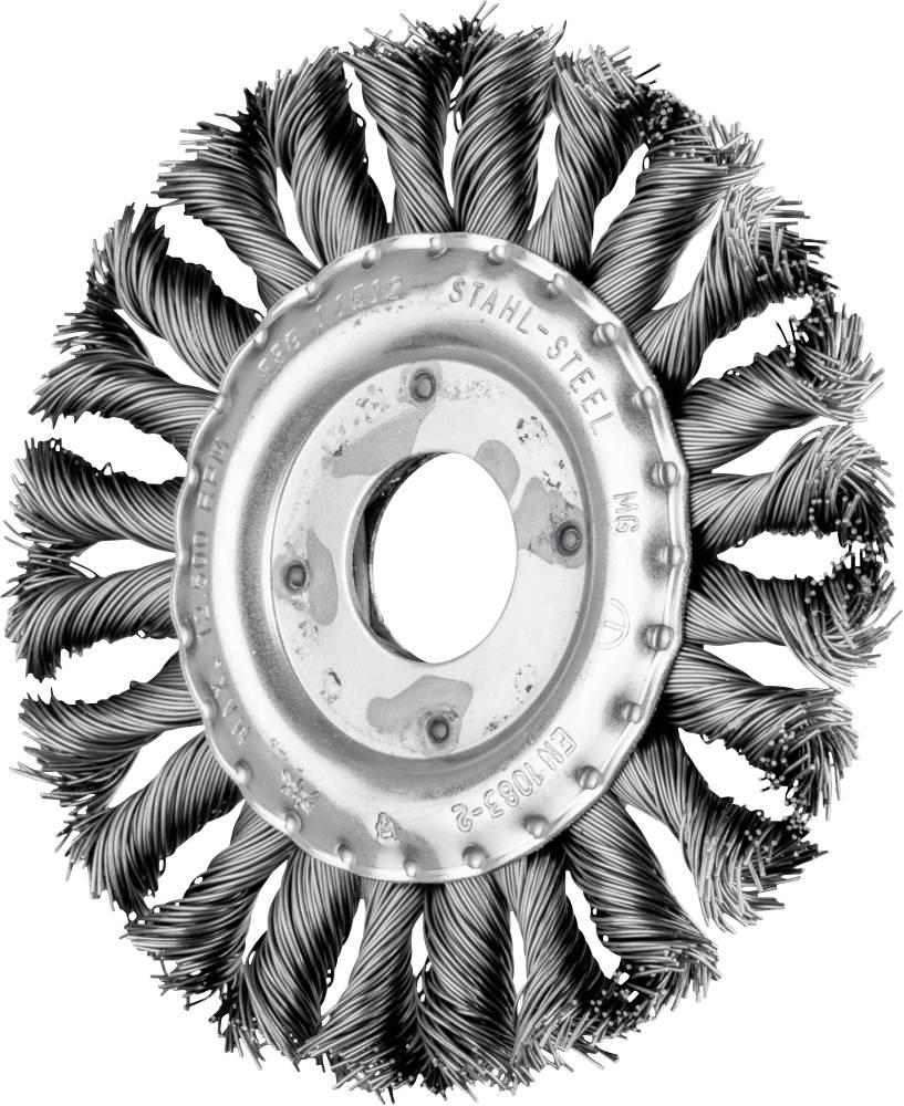 Eine runde Stahlbürste mit geflochtenen Borsten, geeignet zum Reinigen von Metalloberflächen.