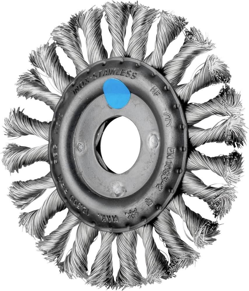 Runde Drahtbürste mit spiralförmig verdrillten Borsten, zentralem Loch und blauer Markierung oben. Geeignet zum Reinigen von Metalloberflächen.