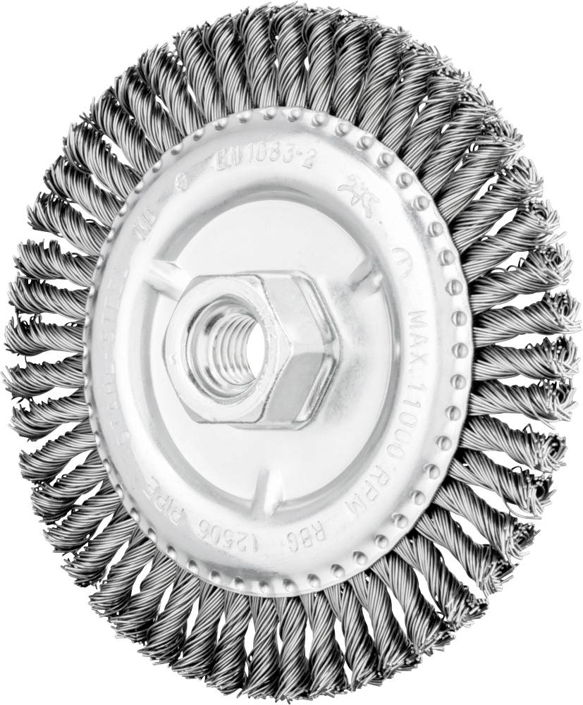 Bild eines runden Drahtbürstenaufsatzes mit spiralförmig angeordneten Metallborsten und einer zentralen Schraubenaufnahme.