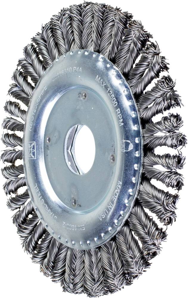 Stahlbürstenaufsatz für eine Bohrmaschine, bestehend aus verdrehten Drähten, ideal zum Entfernen von Rost und Lack auf Metalloberflächen.