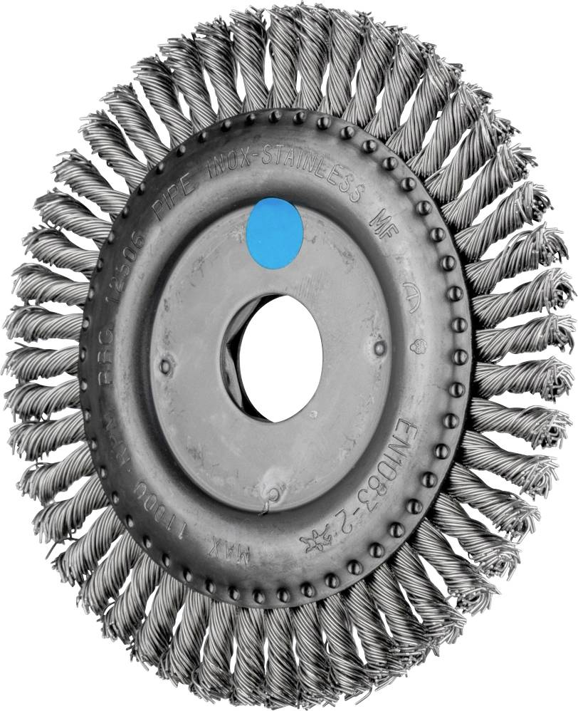 Metallbürste mit verdrehten Borsten, runder Metallkörper mit blauem Punkt. Verwendet für Oberflächenreinigung und Entgraten.