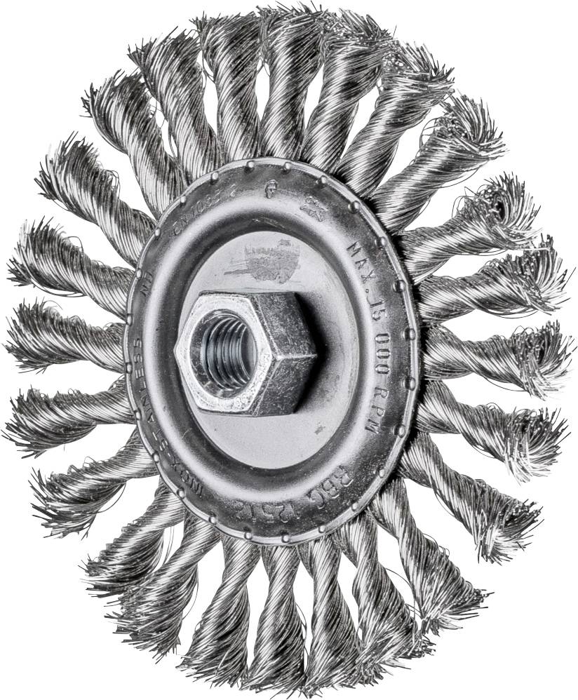 Drahtbürstenaufsatz mit gedrehten Borsten und zentraler Sechskantmutter. Wird für Schleif- oder Reinigungsarbeiten verwendet.