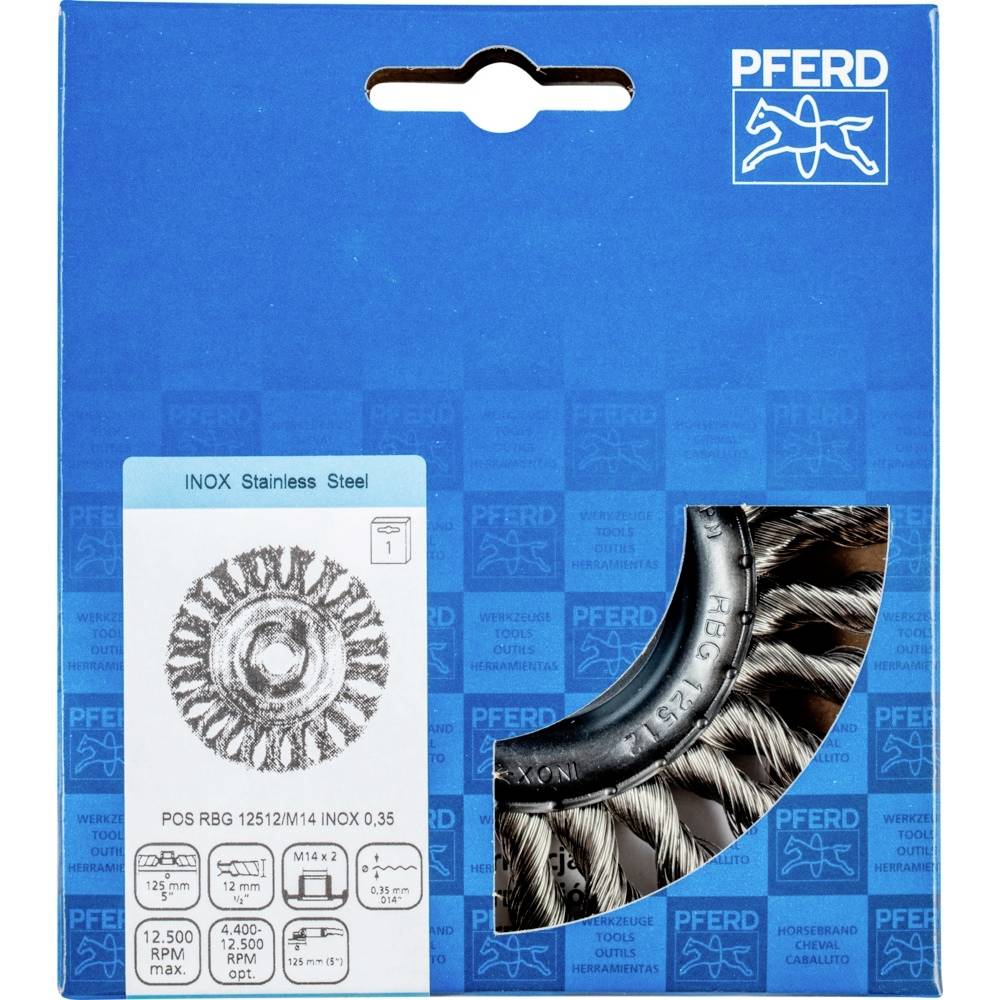 Ein Edelstahl-Bürstenaufsatz von PFERD in einer blauen Verpackung. Geeignet für Metallbearbeitung, mit technischen Details aufgedruckt.