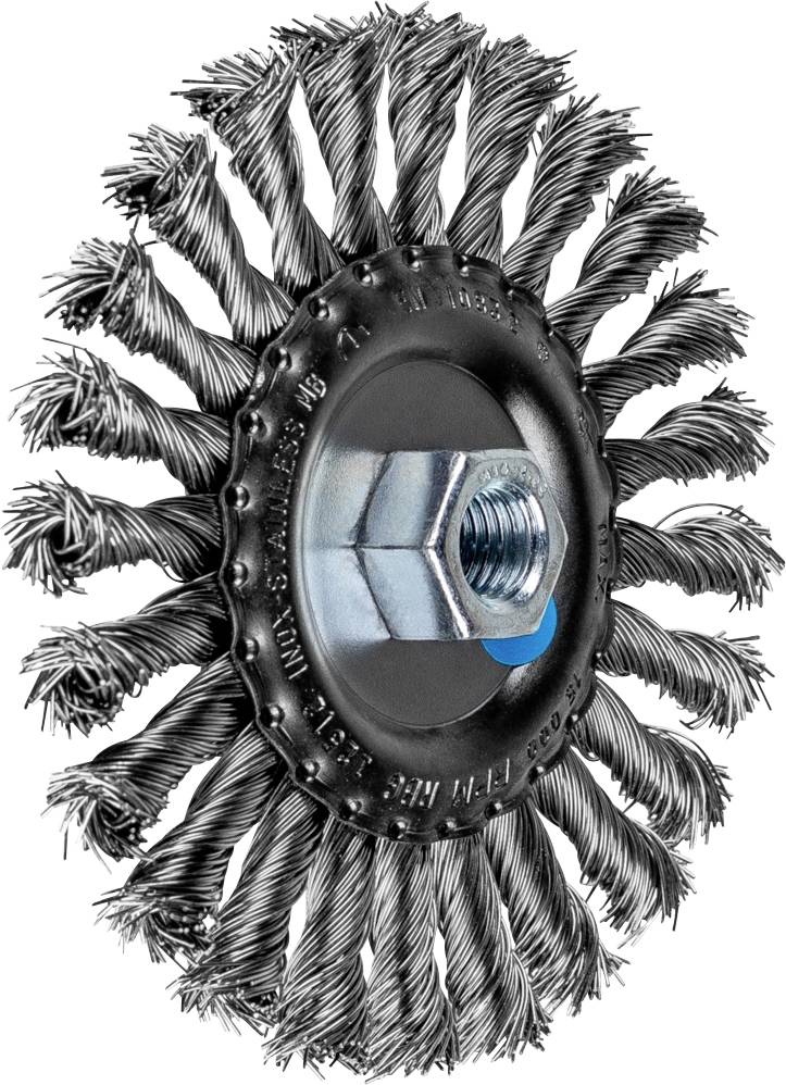 Metallbürste mit verdrehten Drahtborsten und Sechskantmutter in der Mitte. Geeignet zur Reinigung von Metalloberflächen.