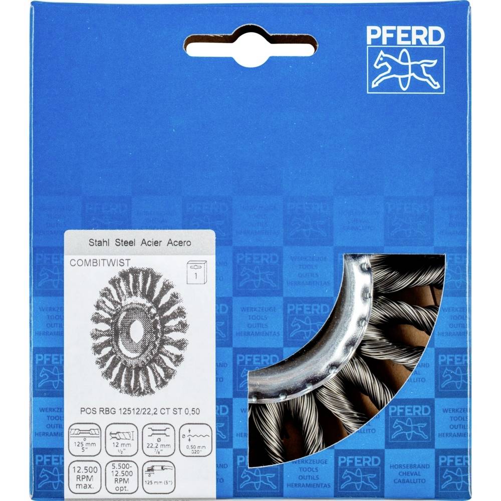 Eine Verpackung mit einer Rundbürste aus Stahl, geeignet für 12.500 U/min. Produktname: 'COMBITWIST'. Hersteller: PFERD.