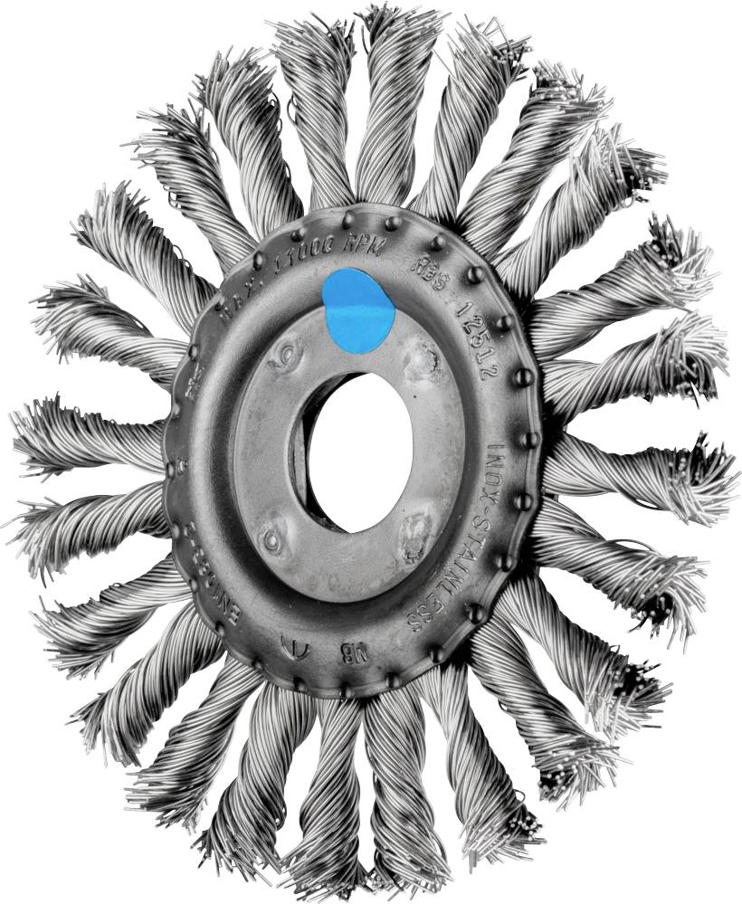 Runde Metallbürste mit verdrehten Drahtborsten und einem blauen Punkt an der oberen Seite.