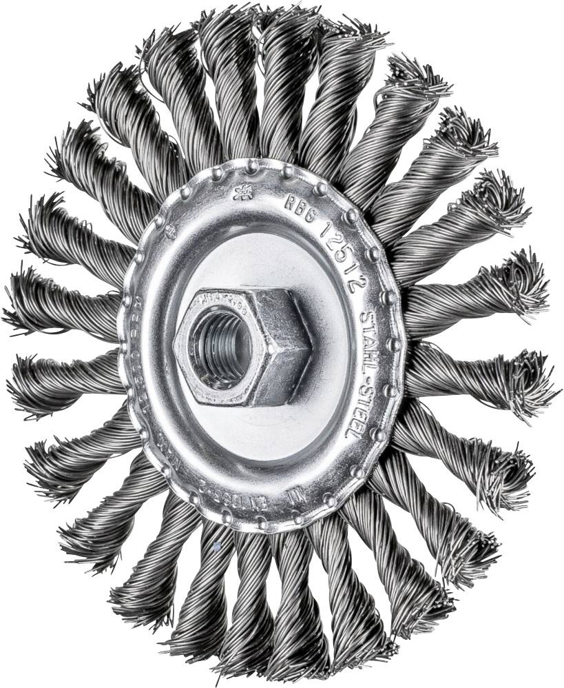 Stahldraht-Bürstenaufsatz mit verdrillten Borsten. Ideal zum Entfernen von Rost oder Farbe auf Metalloberflächen. Zentrale Mutter zur Befestigung.