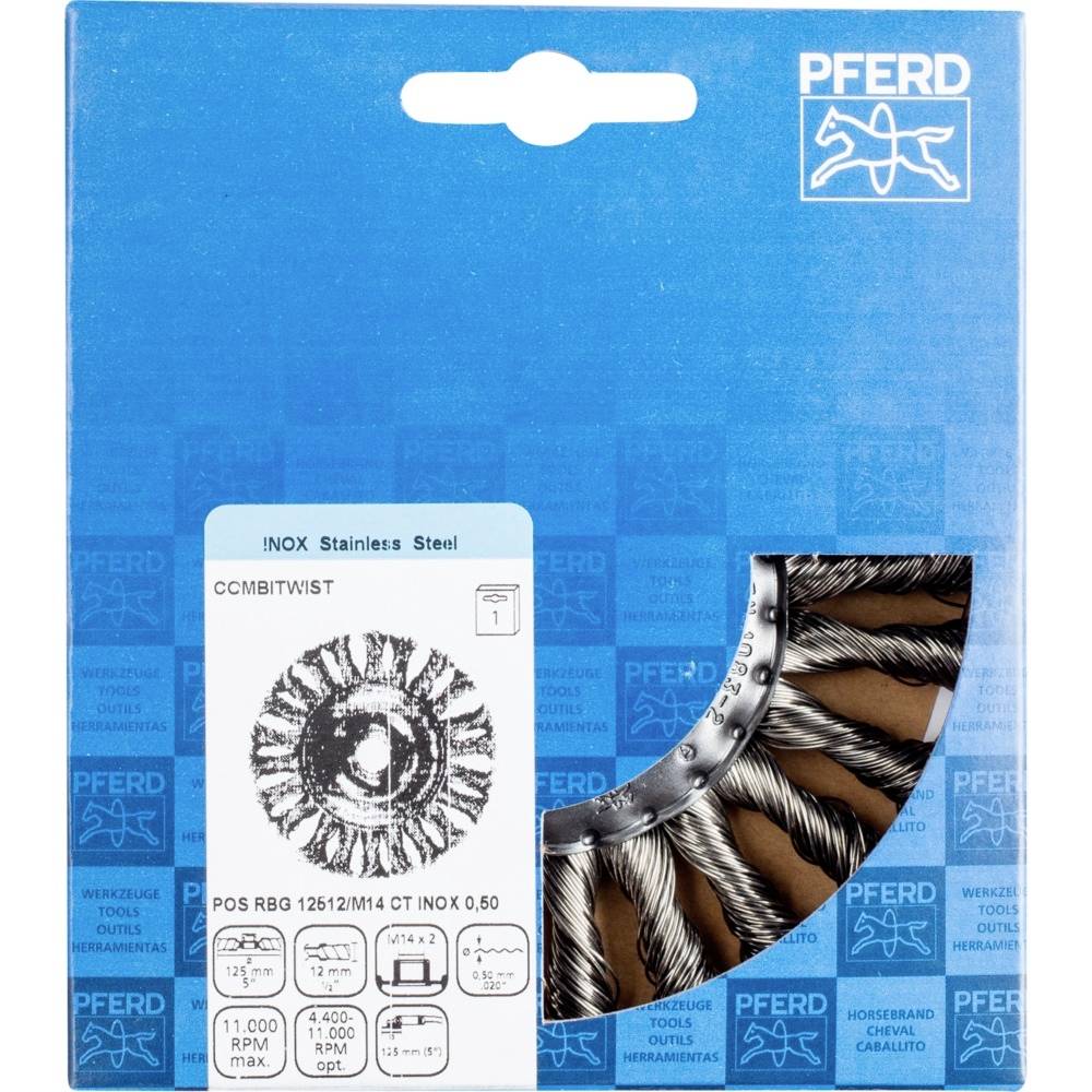 PFERD Drahtbürste, INOX Edelstahl, geflochtene Borsten, Verpackung mit Produktbild und Spezifikationen, inklusive Abmessungen.