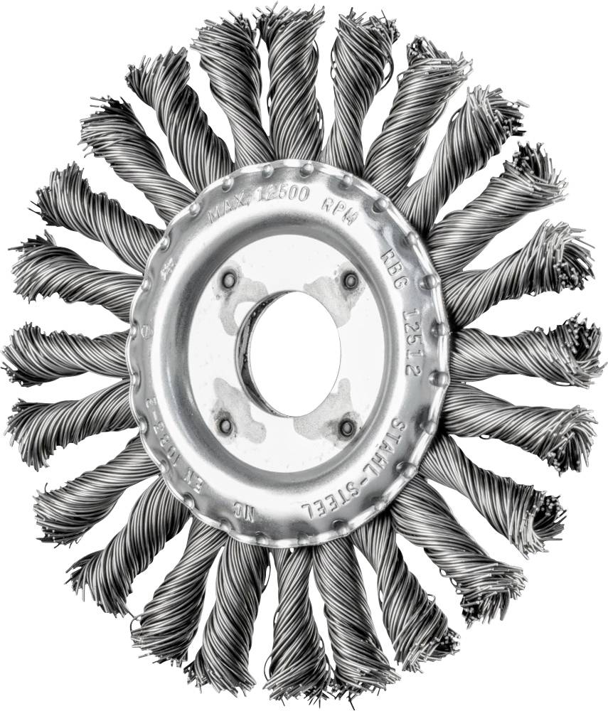 Eine runde Drahtbürstenscheibe mit verdrehten Drahtborsten, geeignet für Oberflächenreinigung und Entrostung von Metallen.