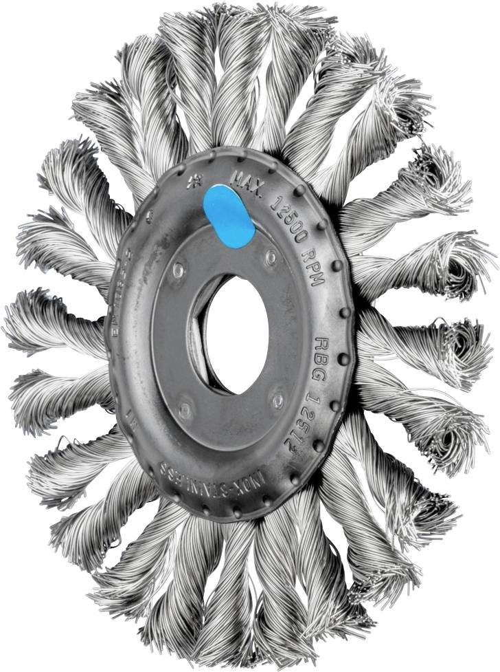 Runde Drahtbürste mit verdrillten Borsten, geeignet für industrielle Anwendungen zur Reinigung von Oberflächen.