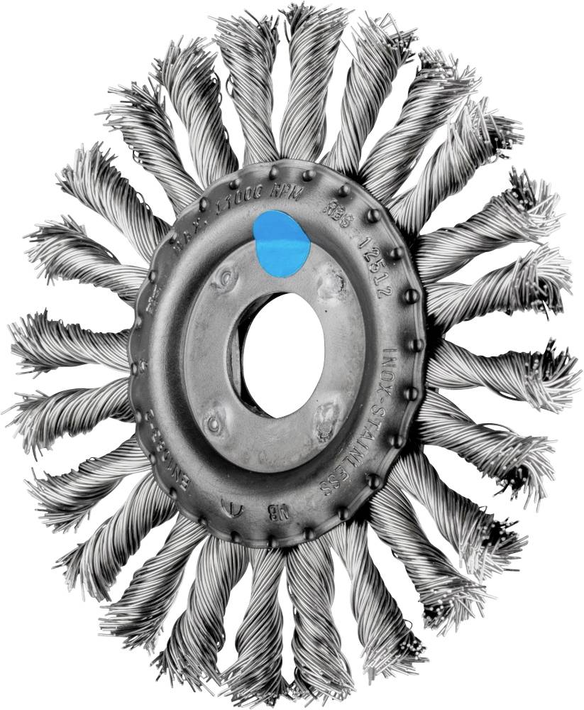 Runde Drahtbürste mit verwobenen Stahlborsten und einem blauen Punkt auf der Oberfläche. Verwendet für Metallreinigung und Entrostung.
