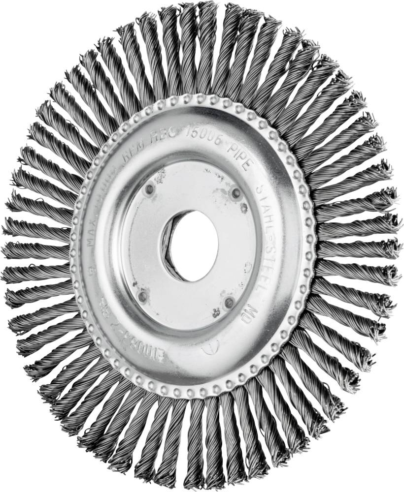 Runde Drahtbürste mit verdrillten Borsten und zentralem Loch, geeignet für die Reinigung oder Entrostung von Metalloberflächen.