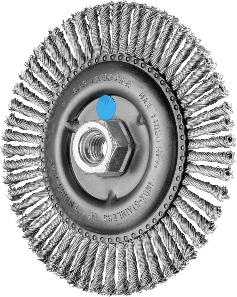 Runde Drahtbürste mit gewelltem Stahldraht, geeignet für Rostentfernung und Oberflächenbearbeitung, silberne Farbe.
